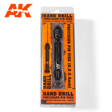 AK Hand Drill precision pin vise in black aluminum alloy, suitable for drill bits from 0.2 to 3.4mm, ideal for modeling and crafts.