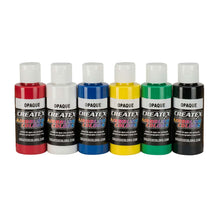 Createx Opaque Set with six 2oz bottles of water-based acrylic airbrush paint in primary and neutral colors.