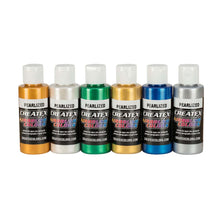 Createx Pearl Set with 2oz pearlized water-based acrylic paints in metallic shades for airbrush fabric projects.