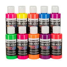 Createx Fluorescent Complete Set with 10 vibrant fluorescent water-based acrylic airbrush colors in 2oz bottles.