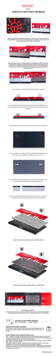 DSPIAE Photo Etched Parts Bender with transparent bending plates, stainless steel mirror, and anodized aluminum alloy tables.