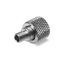 Adaptor from 1/8" to Badger Air Hose, metal fitting connecting Iwata airbrush to Thayer Badger air hose, textured grip design.