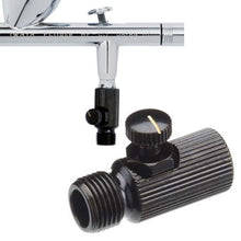 External MAC Valve showing the compact black airflow control valve fitting between airbrush and hose for precise spray adjustment.