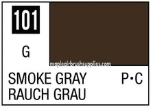 Mr. Color Smoke Gray 101 paint label showing color swatch and product details for Mr Hobby 10ml bottle.