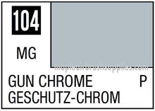 Mr. Color Gun Chrome 104 label showing metallic gray paint color code for model and hobby use.