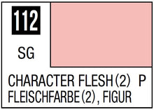 Mr. Color Character Flesh 2 paint swatch with color code 112, soft pink shade for model detailing in 10ml bottle.