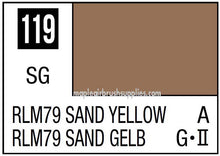 Mr. Color RLM76 Sand Yellow showing a 10ml paint swatch with product code 119 for modeling and hobby use.