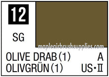 Mr. Color Olive Drab 1 paint swatch displaying color code 12 SG for Mr Hobby model paint series.