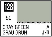 Mr. Color Gray Green paint swatch labeled 128 SG in a muted gray-green shade by Mr Hobby.