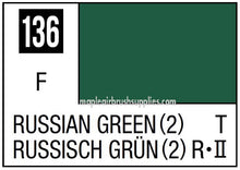 Mr. Color Russian Green 2 paint swatch showing deep green shade with product code 136 for model painting.