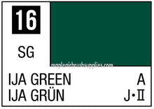 Mr. Color IJA Green showing a deep green paint swatch with product code 16 for hobby model painting.