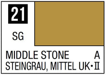 Mr. Color Middle Stone label showing color code 21, shade swatch, and product identification for Mr Hobby paint.