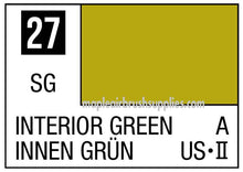 Mr. Color Interior Green 27 label showing color swatch with product details for model paint 10ml.