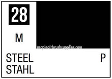 Mr. Color Steel Metallic 28 label showing steel color code and product details for Mr Hobby paint 10ml bottle.