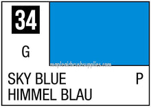 Mr. Color Sky Blue Gloss 34 label showing the specific sky blue color swatch and product code for model painting.