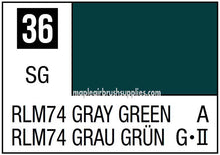 Mr. Color RLM74 Gray Green paint swatch showing deep green shade with product code 36 for model and hobby use.