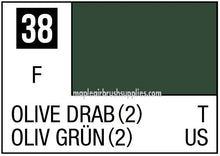 Mr. Color Olive Drab 2 shows a dark green shade labeled 38 for accurate model painting by Mr Hobby.