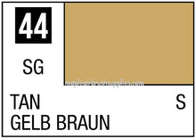 Mr. Color Tan 44 paint label showing tan color swatch, color code 44, and product details for model painting.