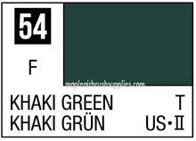 Mr. Color Khaki Green 54 paint color swatch label showing deep khaki green shade and product coding.