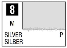 Mr. Color Silver 8 paint label showing silver color code and product details for hobby model painting.