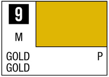 Mr. Color Gold paint swatch labeled 9 M in rich metallic gold for model and hobby painting, Mr. Color Gold.