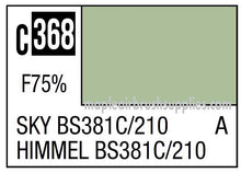 Mr. Color Sky BS381C/210 paint swatch label showing color code C368 and opacity F75% in 10ml bottle packaging.