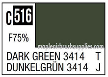 Mr. Color Dark Green 3414 paint swatch with color code 516 showing a deep dark green shade on label.