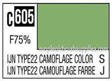 Mr. Color IJN Type22 Camouflage showing lacquer paint code C605 with a green camouflage shade for model detailing.