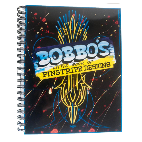 Bobbo's Little Book of Pinstriping Designs spiral bound with colorful custom pinstripe art on cover.