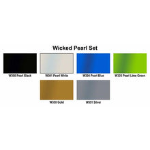 Wicked Pearl Set showcasing six pearlized airbrush paint colors including black, white, blue, lime green, gold, and silver.