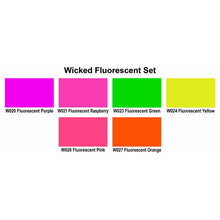 Wicked Neon Fluorescent Set with vibrant purple, raspberry, green, yellow, pink, and orange multi-surface airbrush paints.