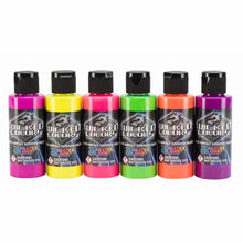 Wicked Neon Fluorescent Set featuring multi-surface acrylic airbrush paints in vibrant neon purple, yellow, pink, green, orange, and raspberry colors.