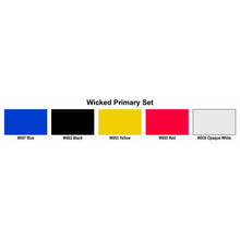 Wicked Primary Set with Blue, Black, Yellow, Red, and Opaque White airbrush paints for multi-surface use.