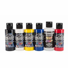 Wicked Primary Set by Createx includes 2oz multi-surface airbrush paints in black, white, yellow, blue, clear, and red.