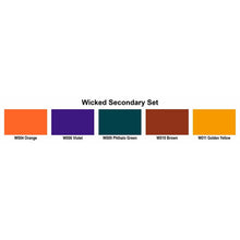 Wicked Colors Secondary Set showing vibrant 2oz bottles of orange, violet, phthalo green, brown, and golden yellow paint shades.