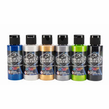 Wicked Pearl Set with six 2oz bottles of multi-surface pearlized airbrush paints in black, white, blue, lime green, gold, and silver.