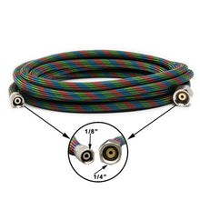 Nylon Braided Air Hose with durable PVC, flexible design, metal 1/8” airbrush and 1/4” compressor fittings.