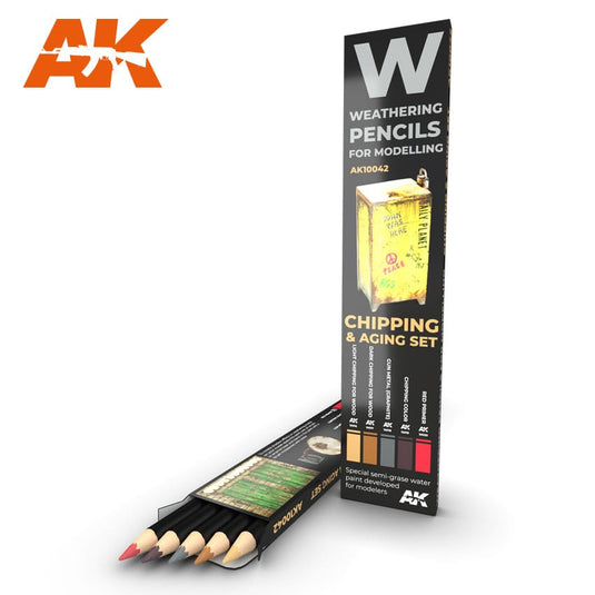 AK Weathering Pencils Chipping & Aging Set with light, dark, gun metal, and red primer pencils for modeling effects