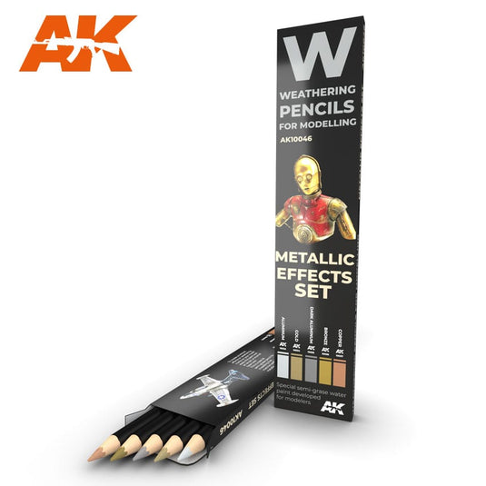 AK Metallic Effects Pencil Set with Aluminum, Gold, Dark Aluminum, Bronze, and Copper for realistic metallic weathering effects