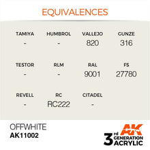 AK 3rd Gen Off White acrylic paint with color equivalences for Vallejo 820, Gunze 316, RAL 9001, FS 27780, and Revell RC222.