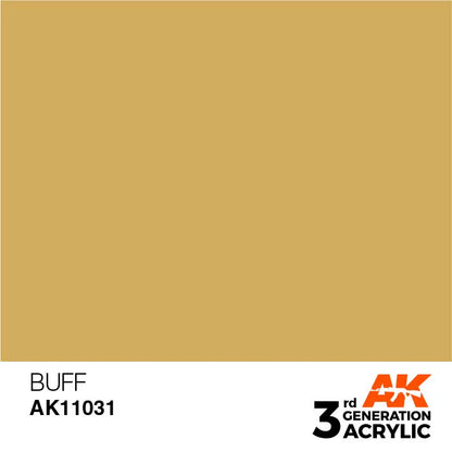 AK 3rd Gen Buff premium acrylic hobby paint for brush and airbrush with optimal coverage and recommended thinner ratio.