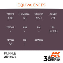 AK 3rd Gen Purple acrylic paint with equivalences for Tamiya X16, Humbrol 68, Vallejo 959, Gunze 39, Revell 53.