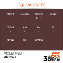 AK 3rd Gen Violet Red acrylic paint equivalences including Vallejo 812 for hobby brush and airbrush use.