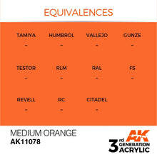 AK 3rd Gen Medium Orange acrylic paint swatch showcasing vibrant hue and product code AK11078 by AK Interactive.