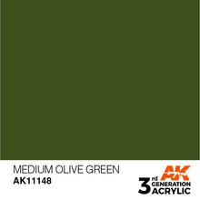 AK 3rd Gen Medium Olive Green acrylic paint swatch showcasing rich, premium quality for hobby brush and airbrush use.