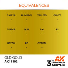 AK 3rd Gen Old Gold acrylic paint swatch showcasing rich metallic hue for hobby and airbrush use.