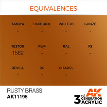 AK 3rd Gen Rusty Brass acrylic paint swatch with equivalences for model hobby painting and airbrush applications by AK Interactive