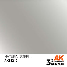 AK 3rd Gen Natural Steel acrylic paint offering smooth, radiant metallic finish for brush and airbrush applications.