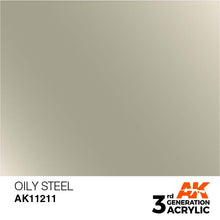 AK 3rd Gen Oily Steel delivers a smooth metallic finish with intense coverage for brush and airbrush applications.