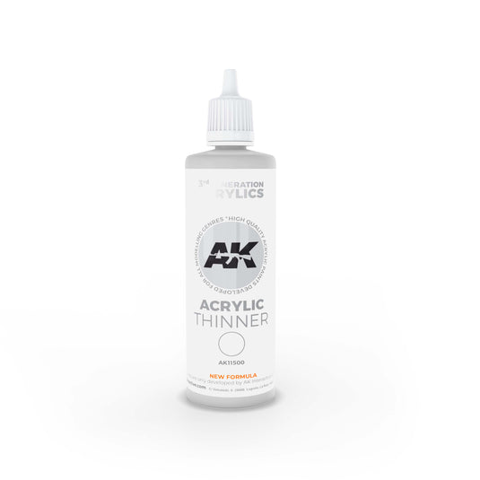 AK 3rd Gen Thinner 100ml bottle for improved airbrush performance, reducing viscosity and enhancing paint flow and self-leveling.